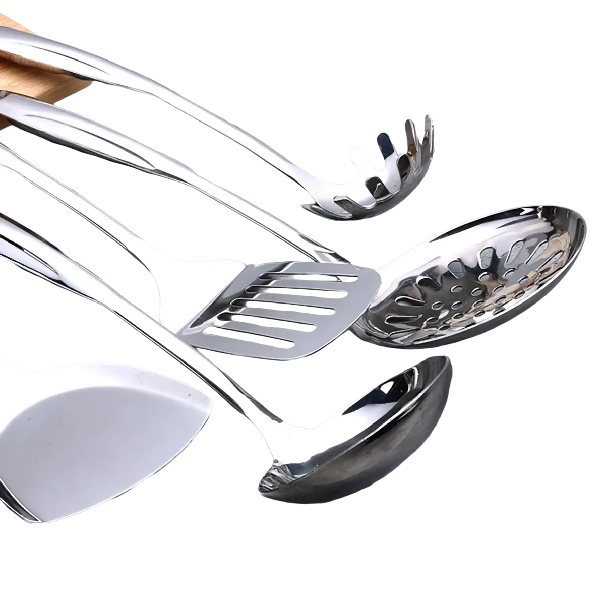 Stainless steel kitchen utensil set with sleek reflective surfaces and ergonomic handles for easy cooking use