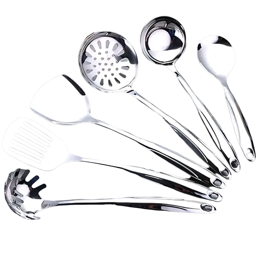 Stainless steel kitchen utensil set with sleek reflective surfaces and ergonomic handles for efficient cooking