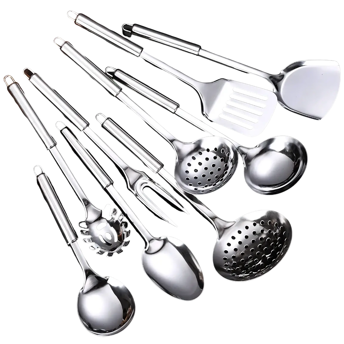 Set of nine stainless steel kitchen utensils with sleek reflective surfaces including spoons ladles and serving fork