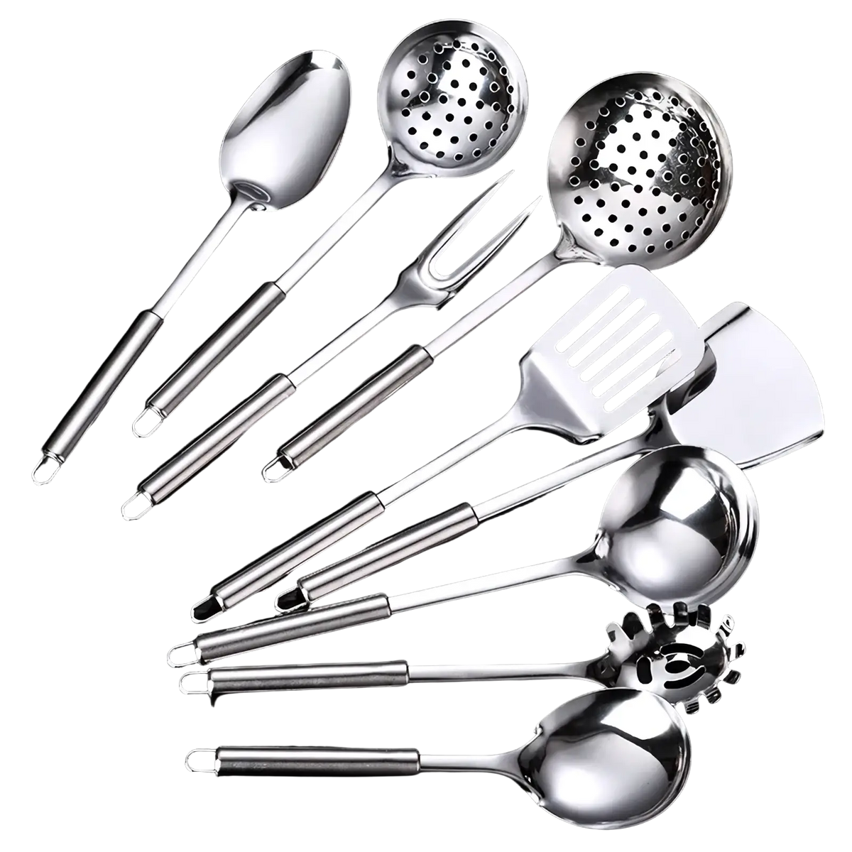 Stainless steel kitchen utensil set with polished metallic finish featuring nine functional cooking tools