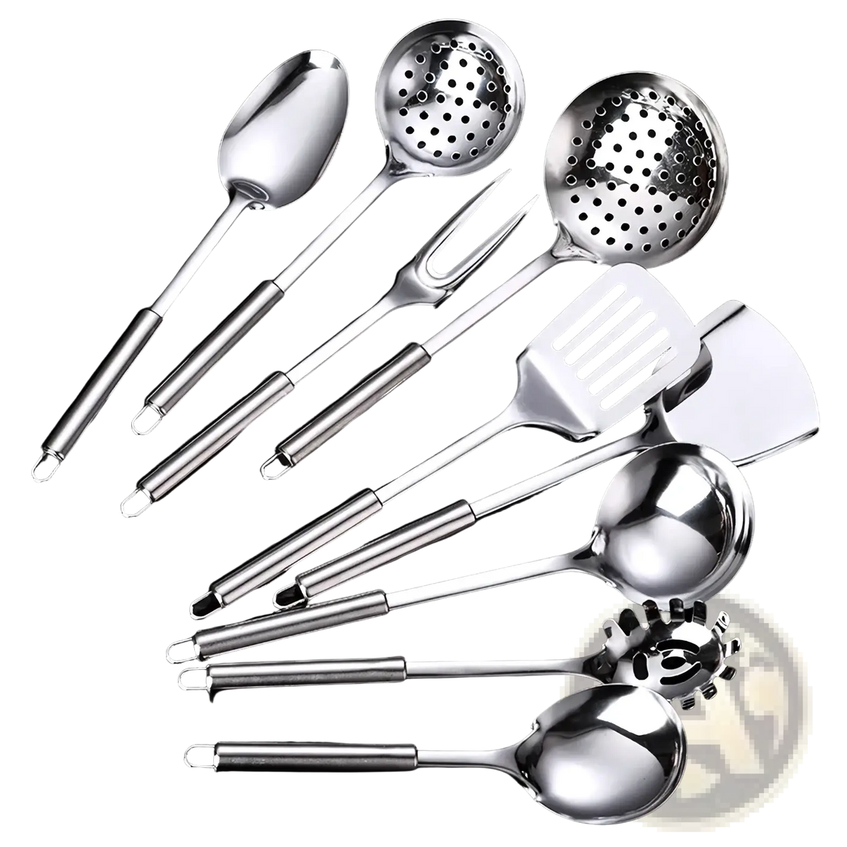 Stainless steel kitchen utensil set with polished metallic finish featuring nine functional cooking tools