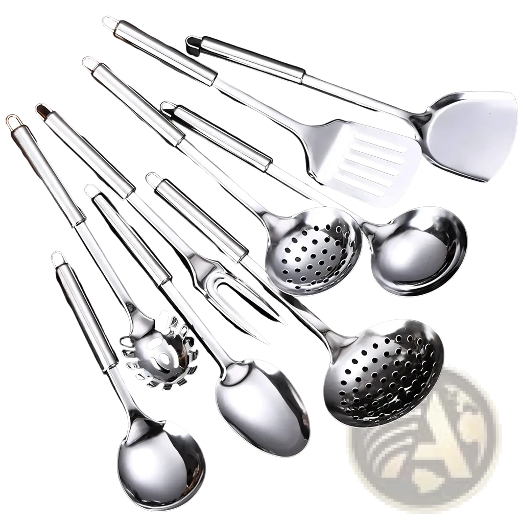 Set of nine stainless steel kitchen utensils with sleek reflective surfaces including spoons ladles and serving fork