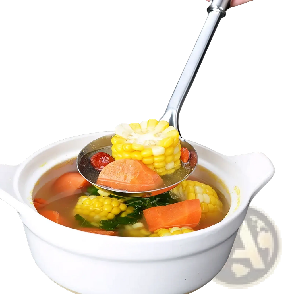 A shiny stainless steel ladle from a 9-piece kitchen utensil set lifting corn and carrot from a white ceramic pot