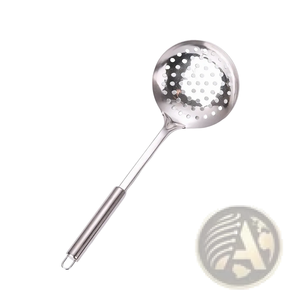 Silver stainless steel slotted spoon with long handle and perforated circular head from 9-piece kitchen utensil set