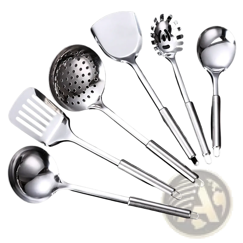 Set of six shiny stainless steel kitchen utensils with ergonomic handles from a 9-piece cooking tool set
