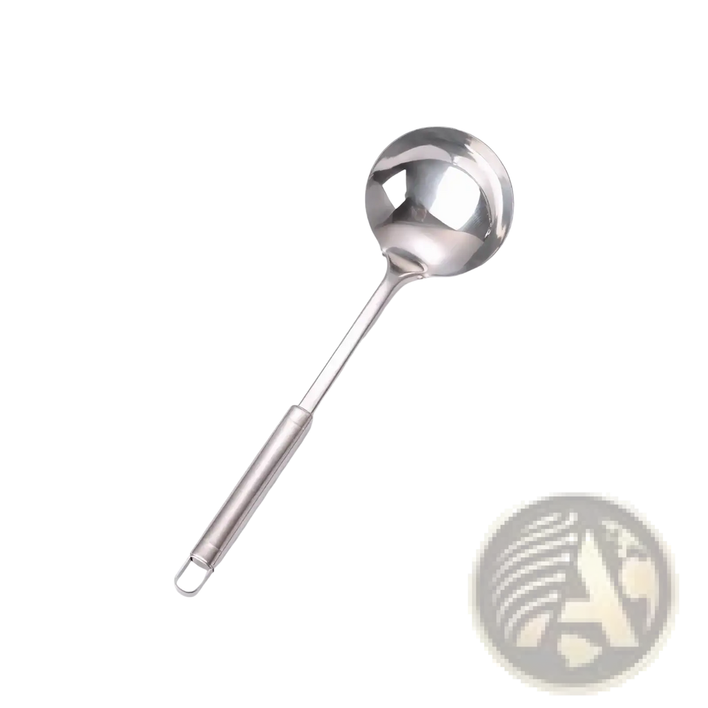 A sleek stainless steel ladle with polished finish and long handle from a 9-piece kitchen utensil set