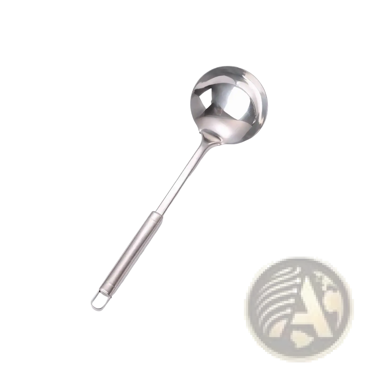 A sleek stainless steel ladle with polished finish and long handle from a 9-piece kitchen utensil set
