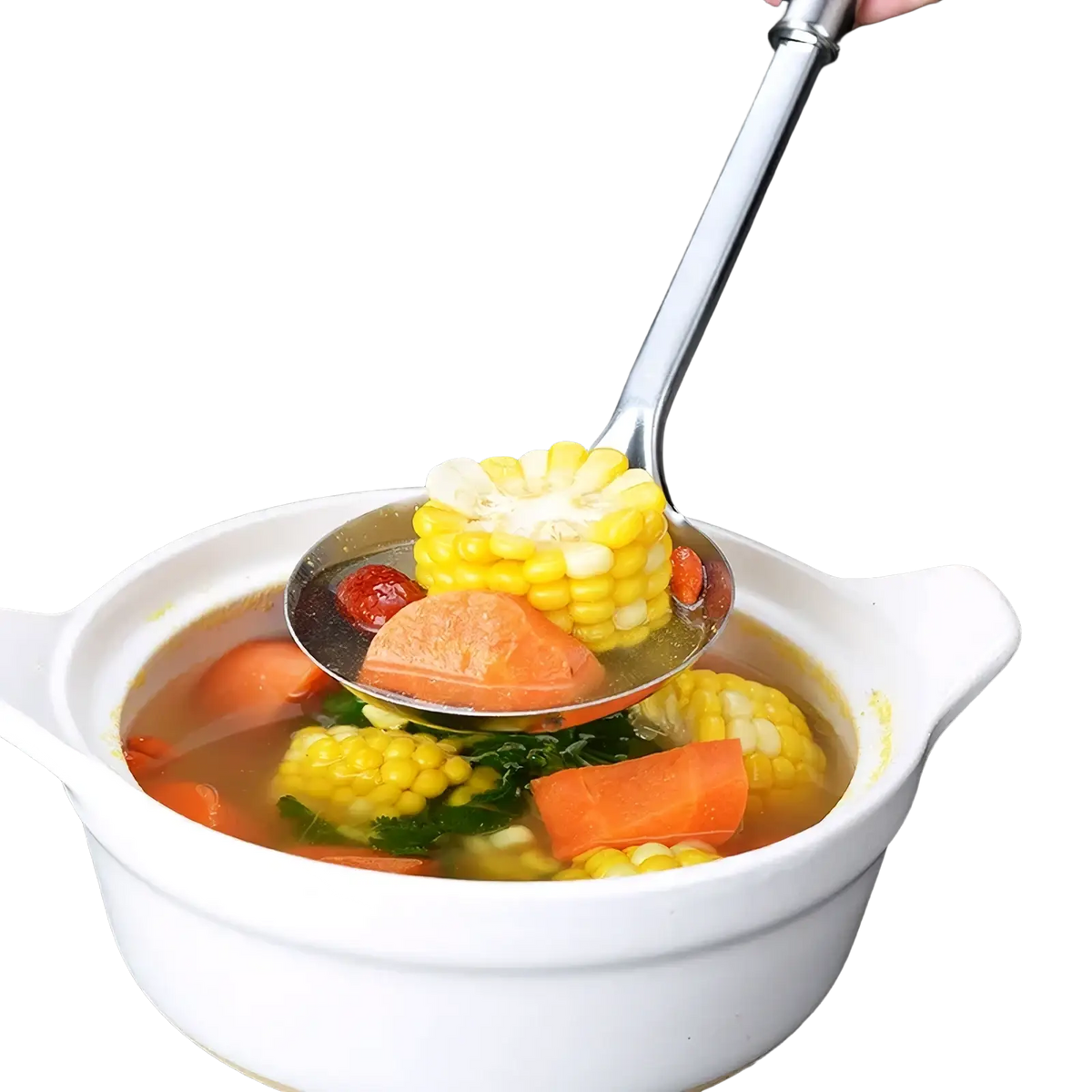 A shiny stainless steel ladle from a 9-piece kitchen utensil set lifting corn and carrot from a white ceramic pot