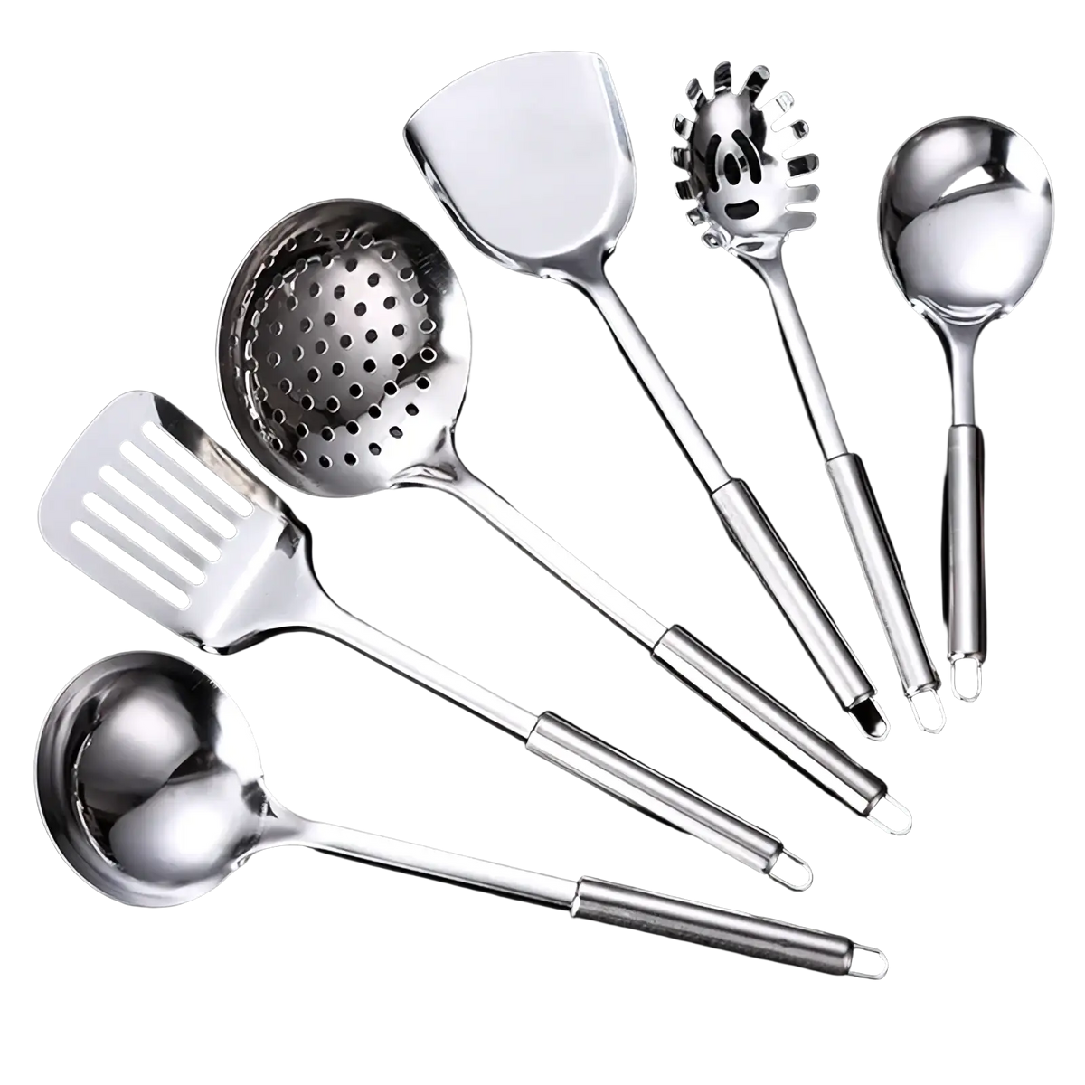 Set of six shiny stainless steel kitchen utensils with ergonomic handles from a 9-piece cooking tool set