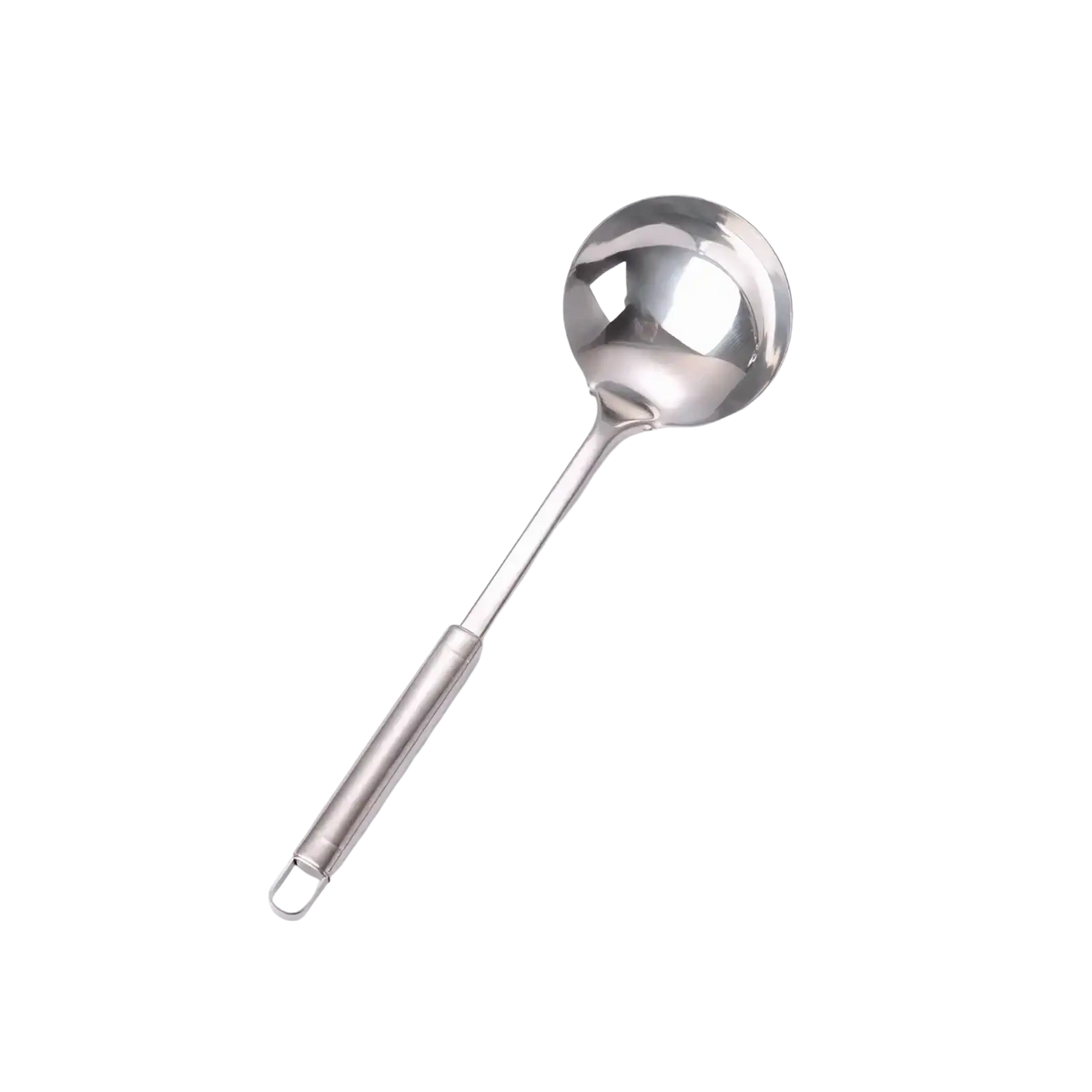 A sleek stainless steel ladle with polished finish and long handle from a 9-piece kitchen utensil set