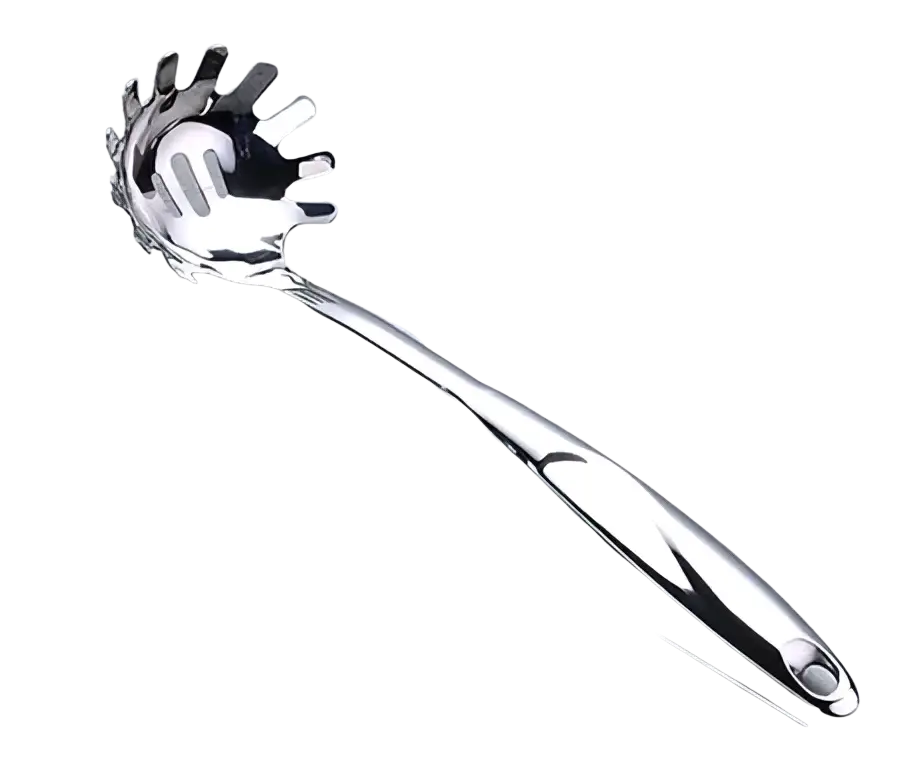 Shiny stainless steel noodle server with distinctive leaf-shaped head and sleek elongated handle in kitchen utensil set