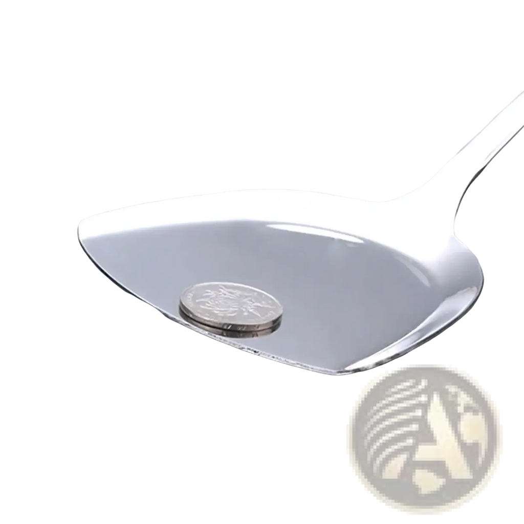 Shiny stainless steel spatula with a sleek modern design and slightly curved blade from kitchen utensil set