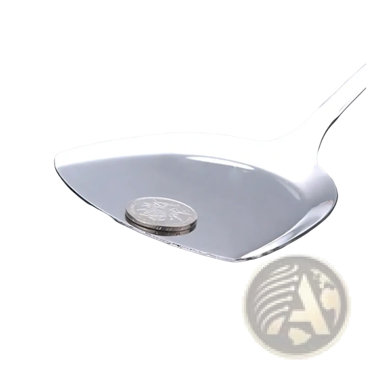 Shiny stainless steel spatula with a sleek modern design and slightly curved blade from kitchen utensil set