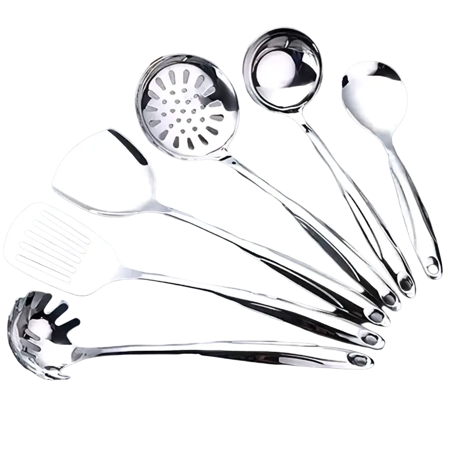 Set of six stainless steel kitchen utensils with sleek reflective surfaces and ergonomic handles for cooking use