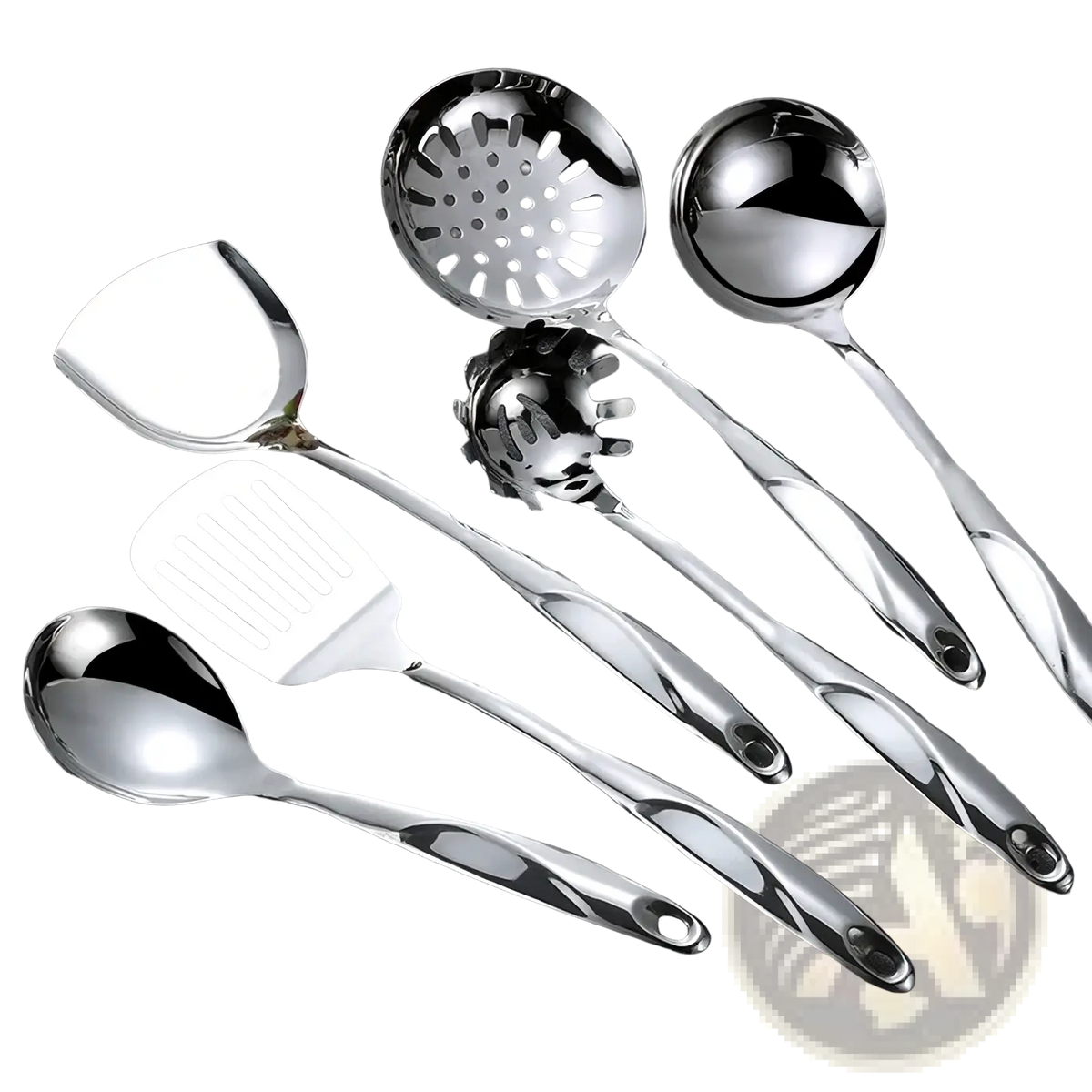 Set of six shiny stainless steel kitchen utensils with ergonomic twisted handles including spatula spoon and strainer