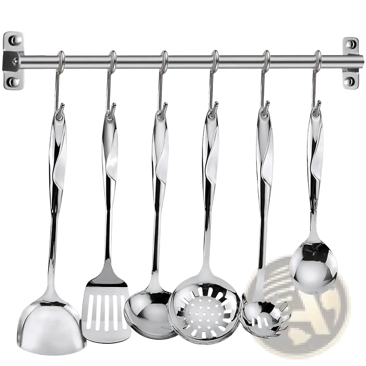 Set of six shiny stainless steel kitchen utensils with twisted handles hanging from a rod in stainless steel utensil set