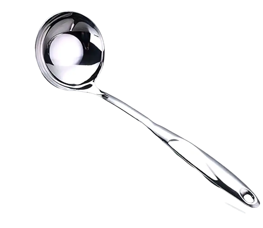 A sleek 38cm stainless steel soup spoon with a polished reflective bowl and ergonomic handle from a kitchen utensil set