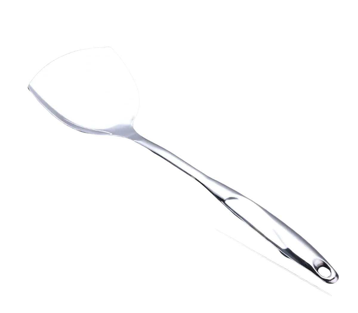 A sleek stainless steel turner with polished finish and ergonomic handle from a kitchen utensil set