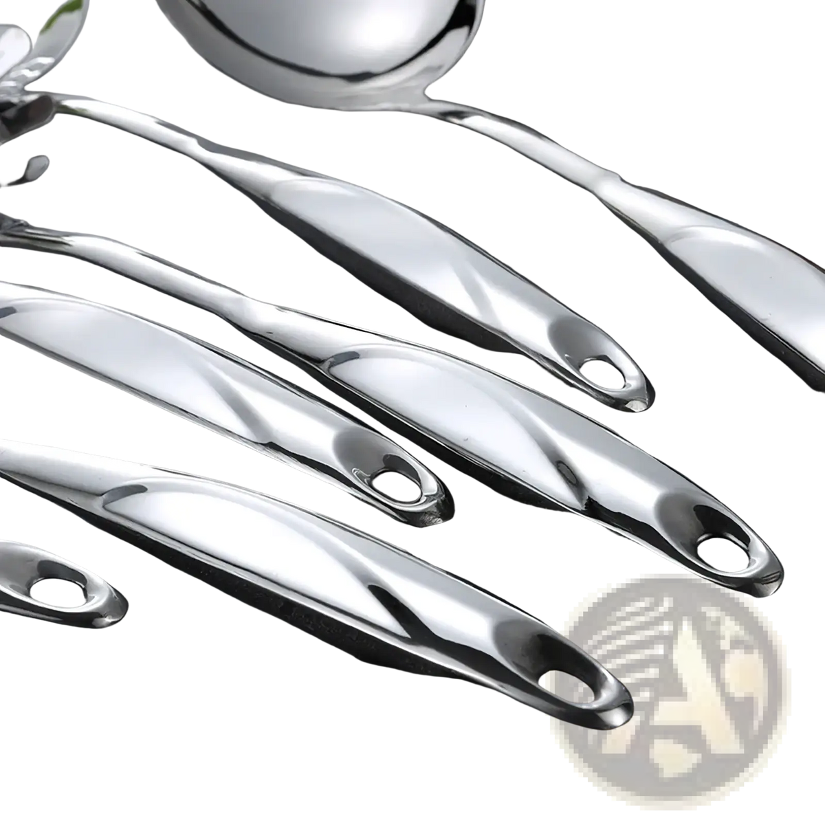 Set of stainless steel kitchen spoons with polished finish, twisted handles, and looped ends in a utensil set