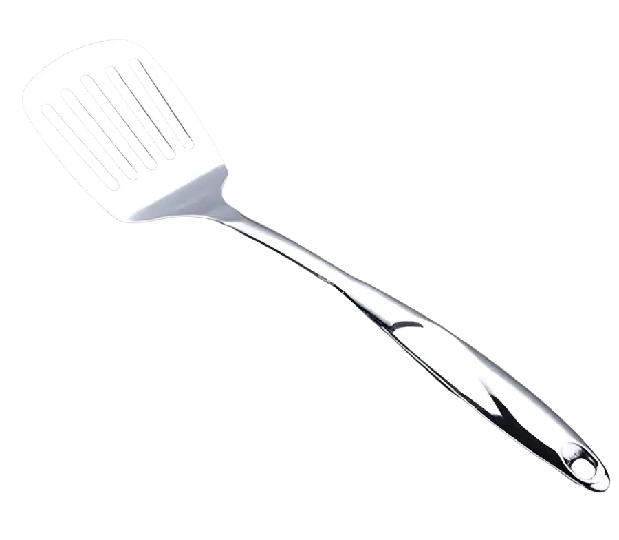 Stainless steel kitchen utensil set featuring a slotted turner with five parallel slots and a reflective finish