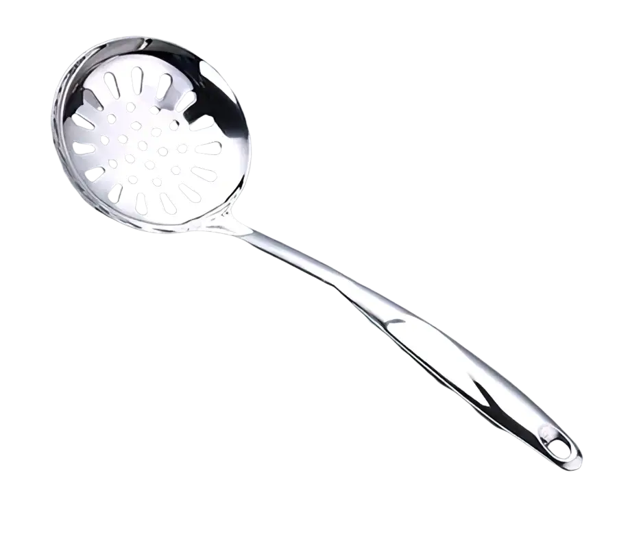 Stainless steel slotted spoon with sleek reflective finish and perforations in stainless steel kitchen utensil set