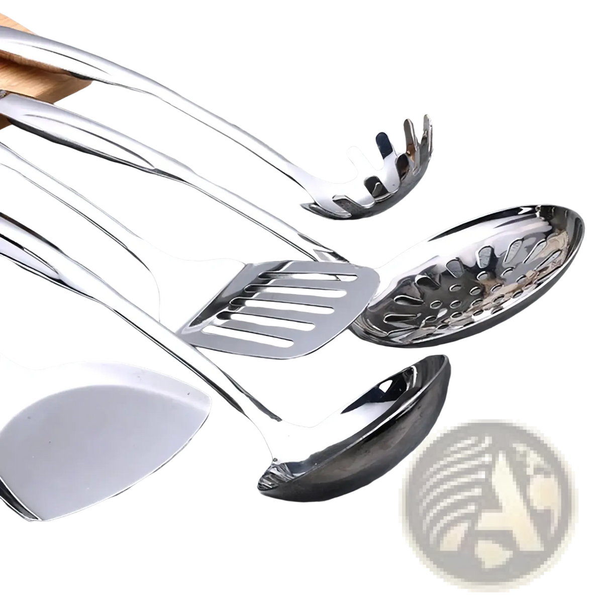 Stainless steel kitchen utensil set with sleek reflective surfaces and ergonomic handles for easy cooking use