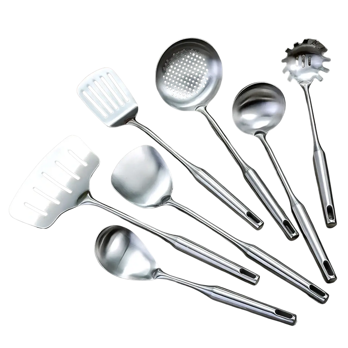 Set of stainless steel kitchen utensils with sleek reflective surfaces and ergonomic handles for ease of use