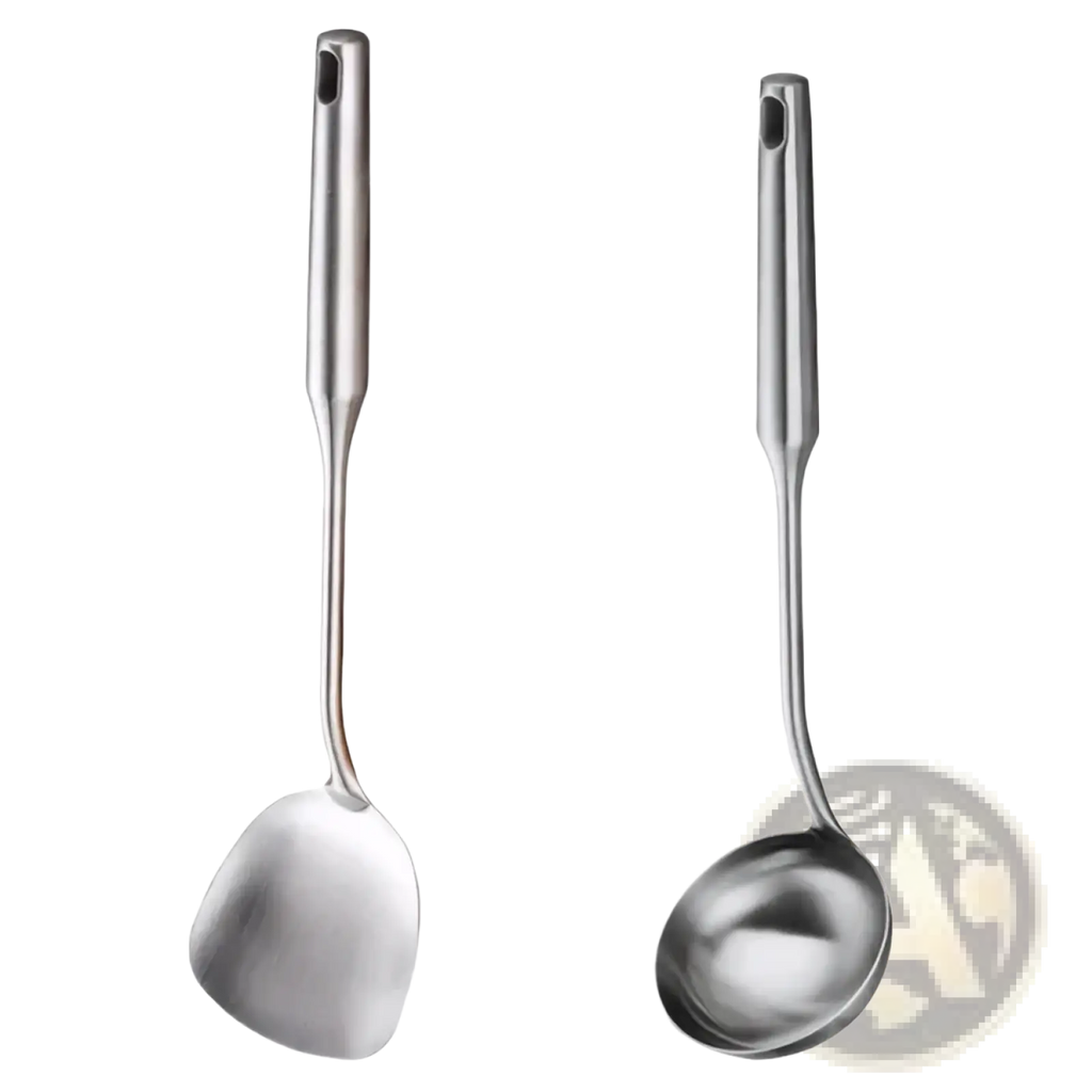 A sleek stainless steel kitchen utensils set featuring a ladle and spatula with polished metallic finishes