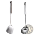 A sleek stainless steel kitchen utensils set featuring a ladle and spatula with polished metallic finishes