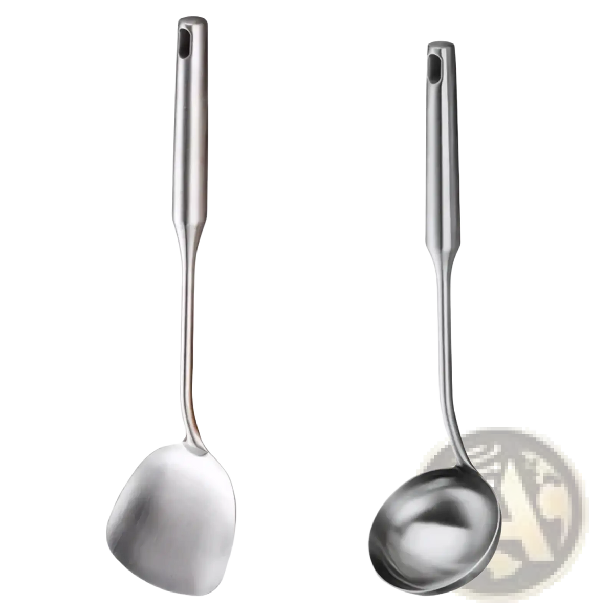A sleek stainless steel kitchen utensils set featuring a ladle and spatula with polished metallic finishes