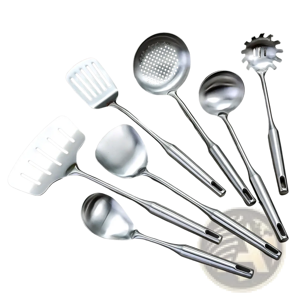 Set of stainless steel kitchen utensils with sleek reflective surfaces and ergonomic handles for efficient cooking