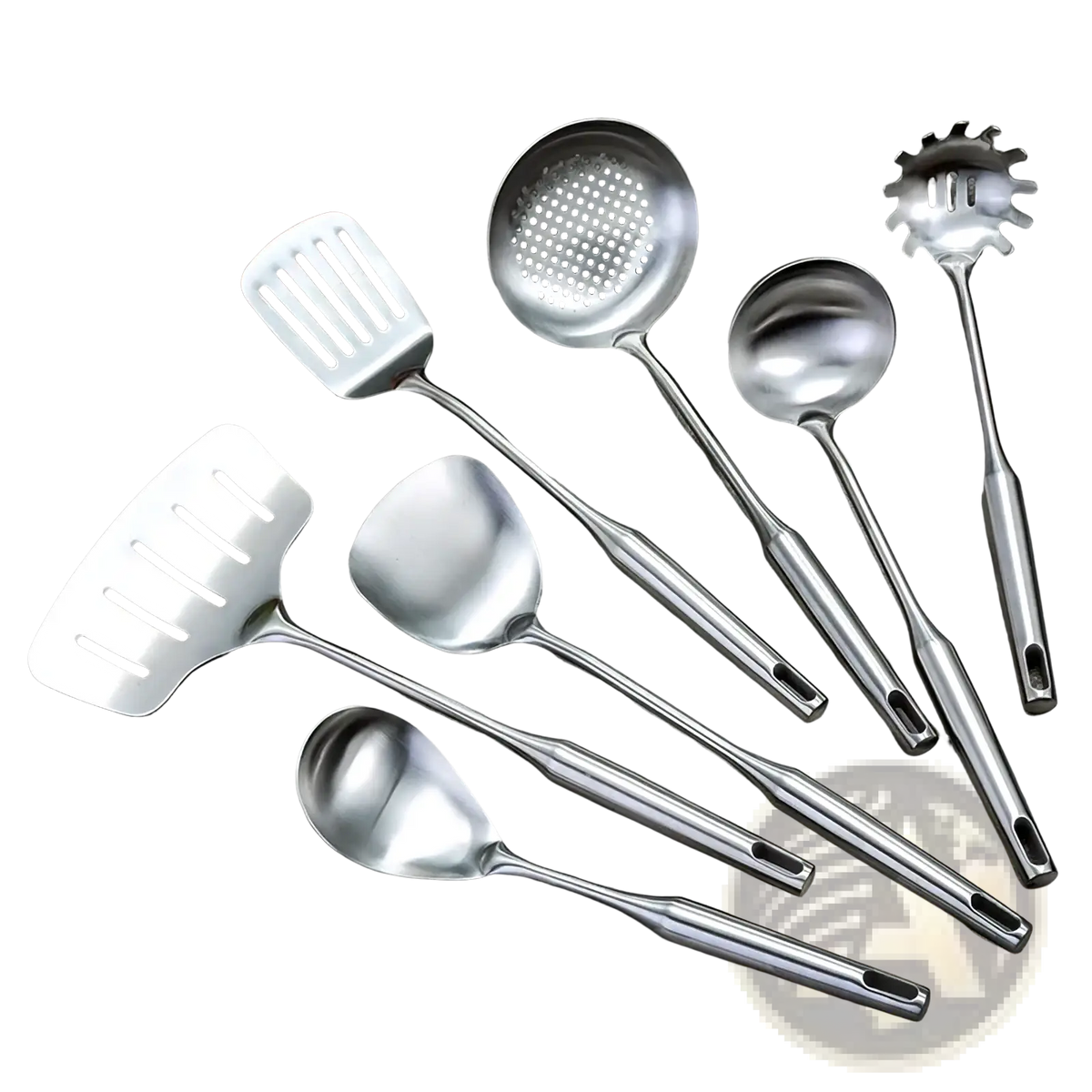 Set of stainless steel kitchen utensils with sleek reflective surfaces and ergonomic handles for efficient cooking