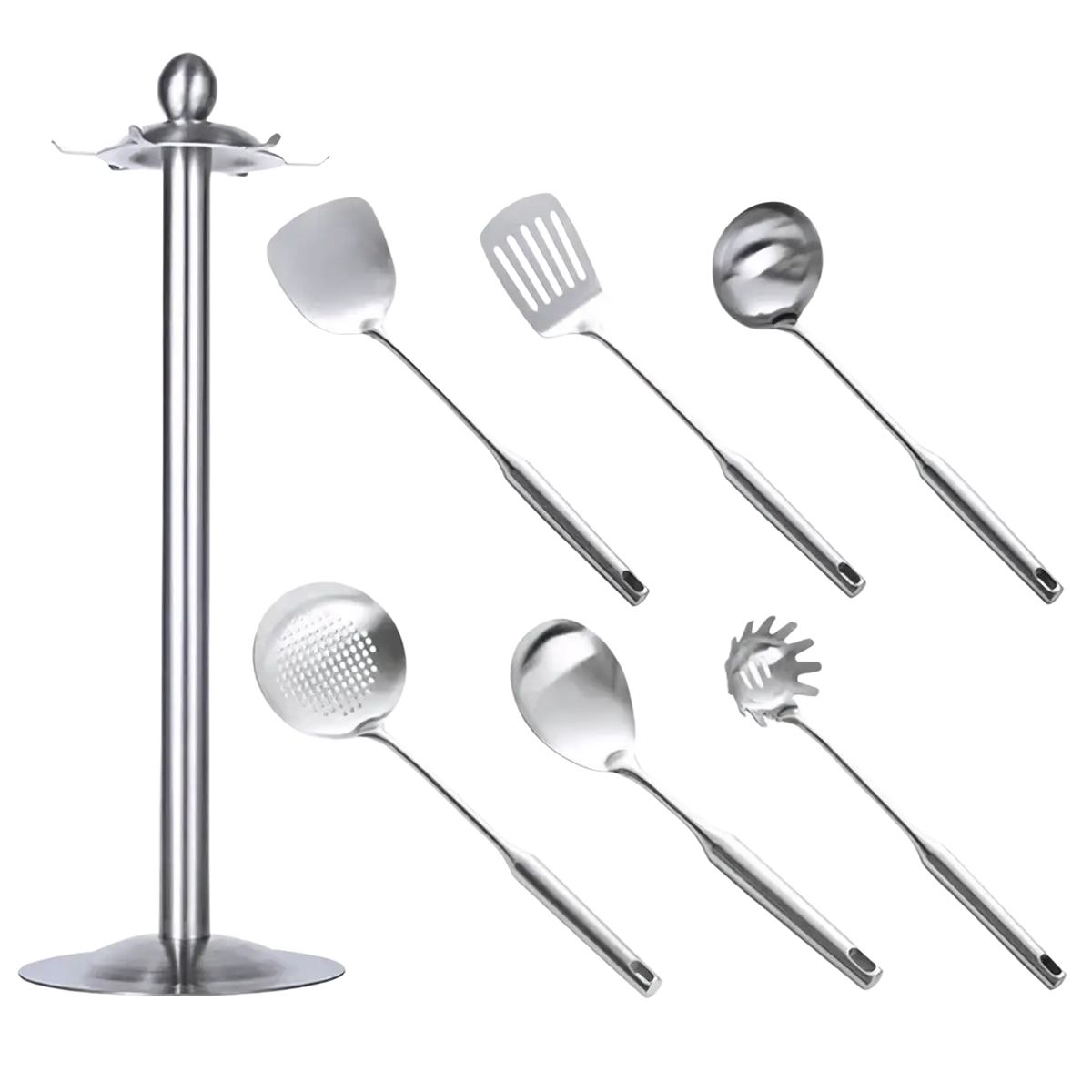 Stainless steel kitchen utensils set with a polished metallic finish and tall stand including spatulas ladles and spoons