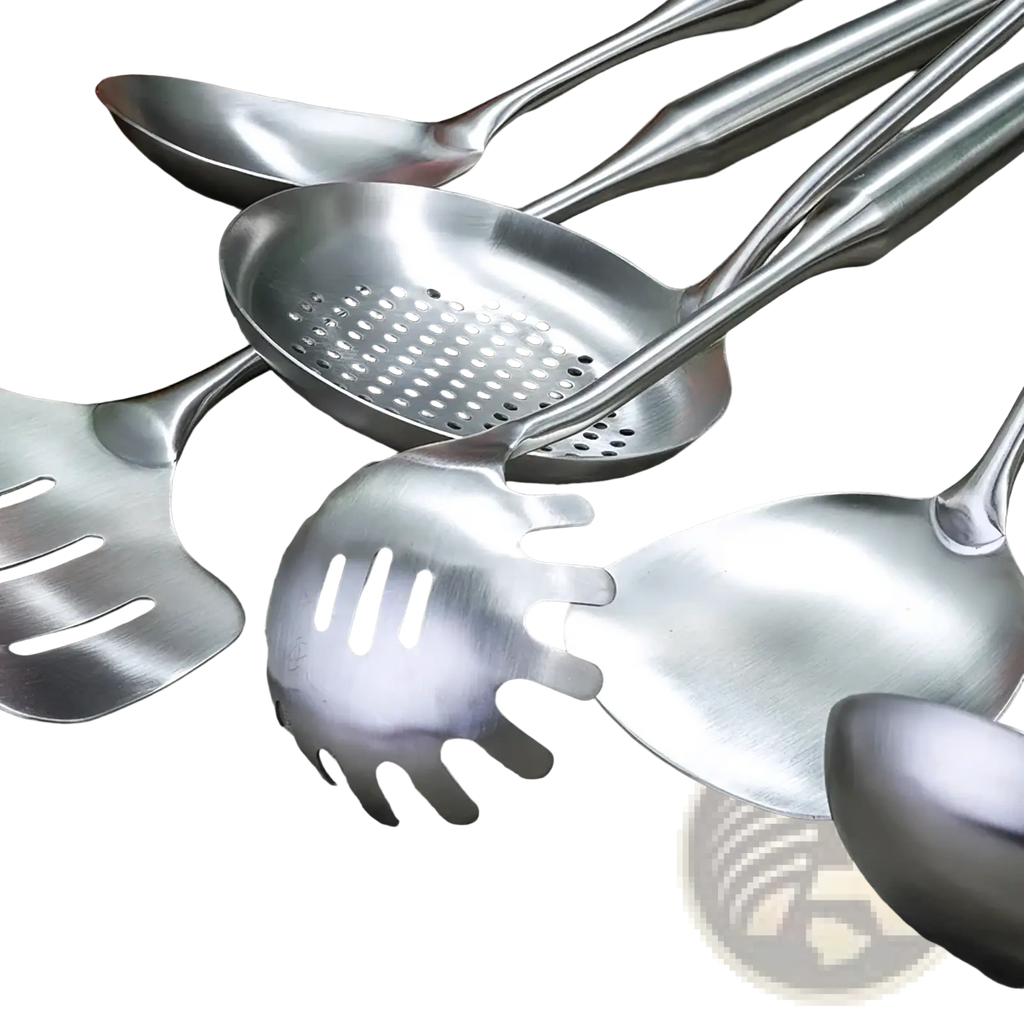 Stainless steel kitchen utensils set with sleek brushed metallic finish and varied functional designs