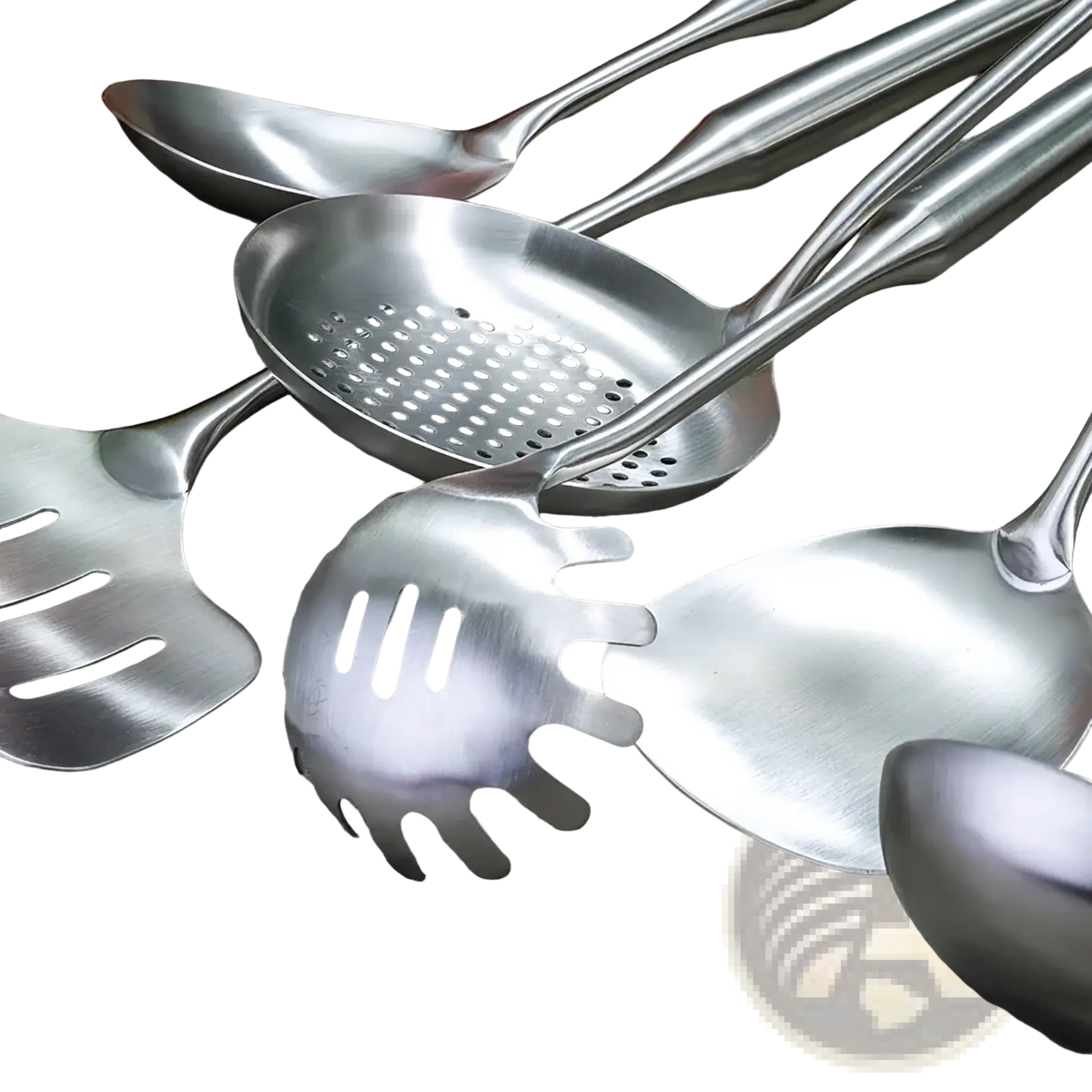 Stainless steel kitchen utensils set with sleek brushed metallic finish and varied functional designs