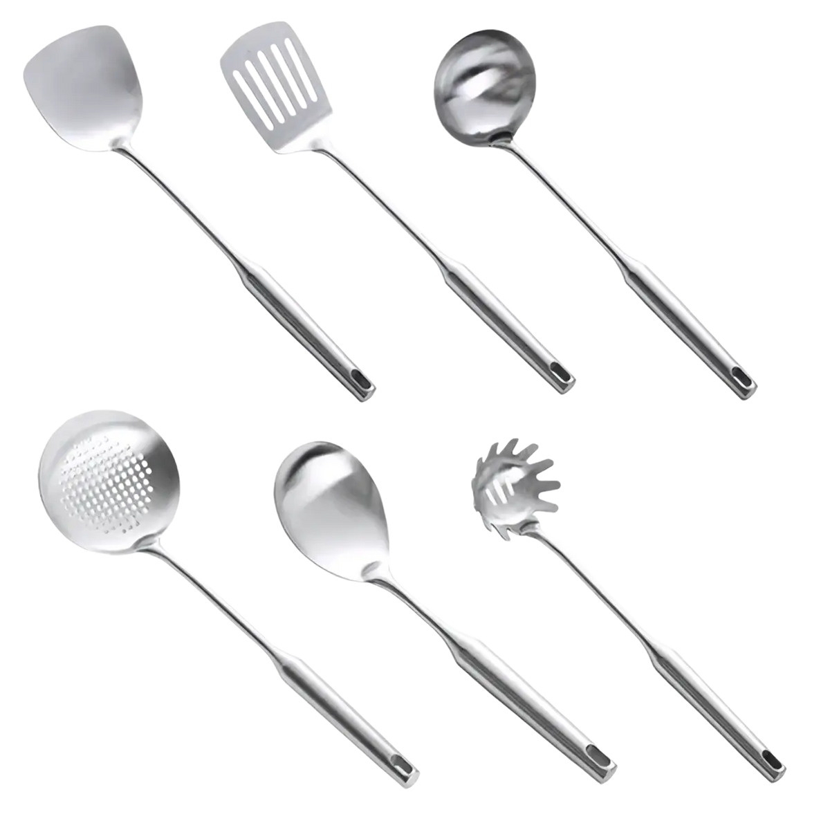 Set of seven stainless steel kitchen utensils with sleek reflective surfaces and ergonomic handles for cooking tasks