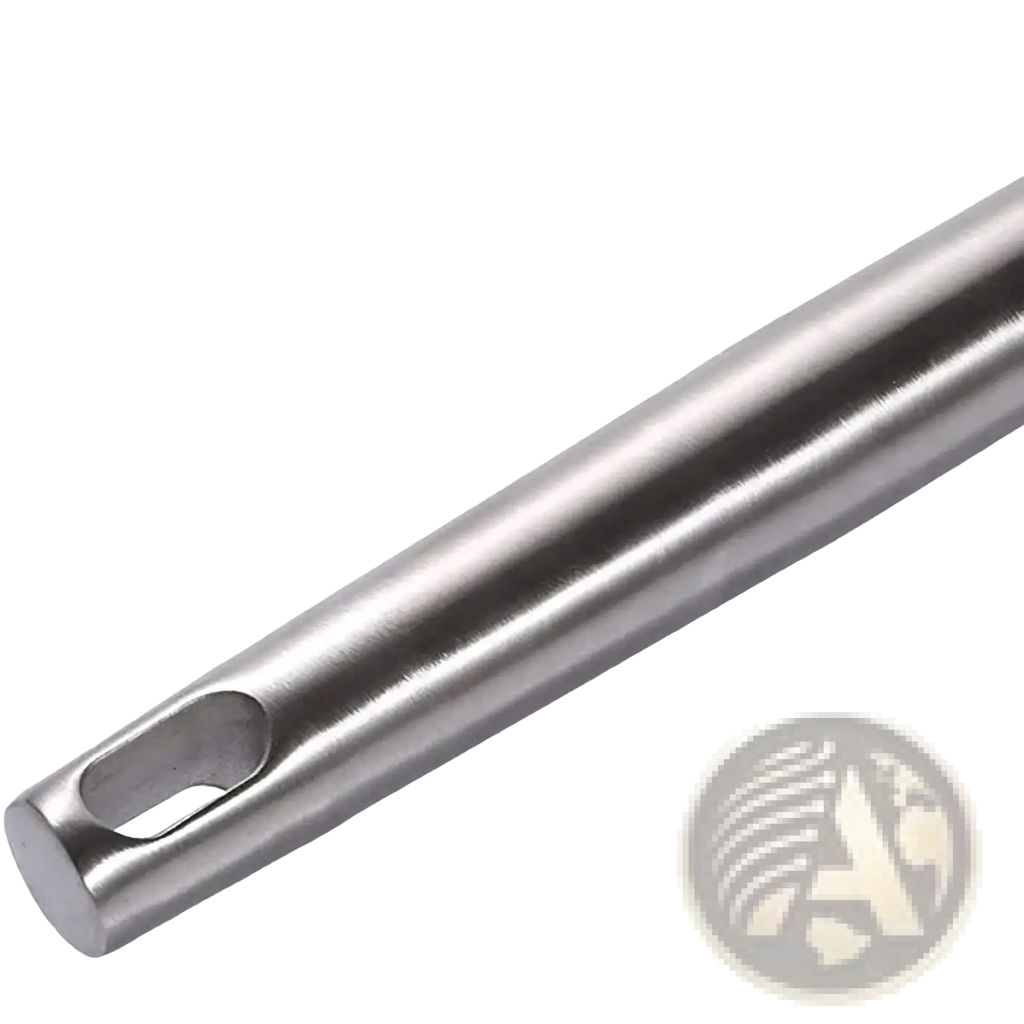 Stainless steel kitchen utensil handle with smooth brushed finish and oval hole in a stainless steel utensils set