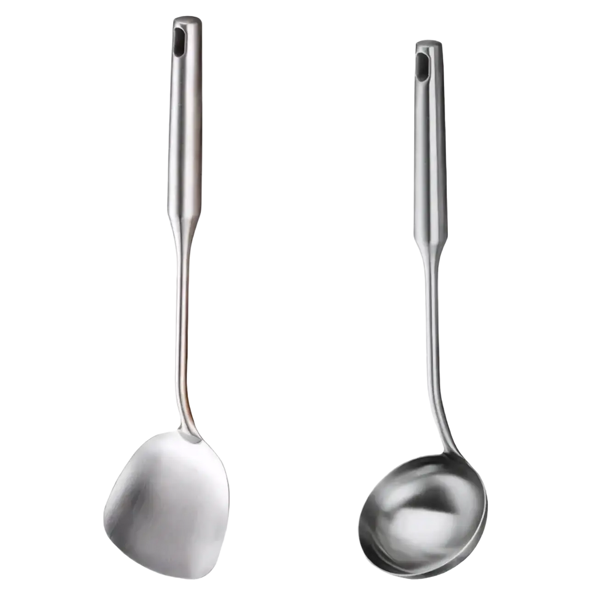 A sleek stainless steel kitchen utensils set featuring a ladle and spatula with polished metallic finishes