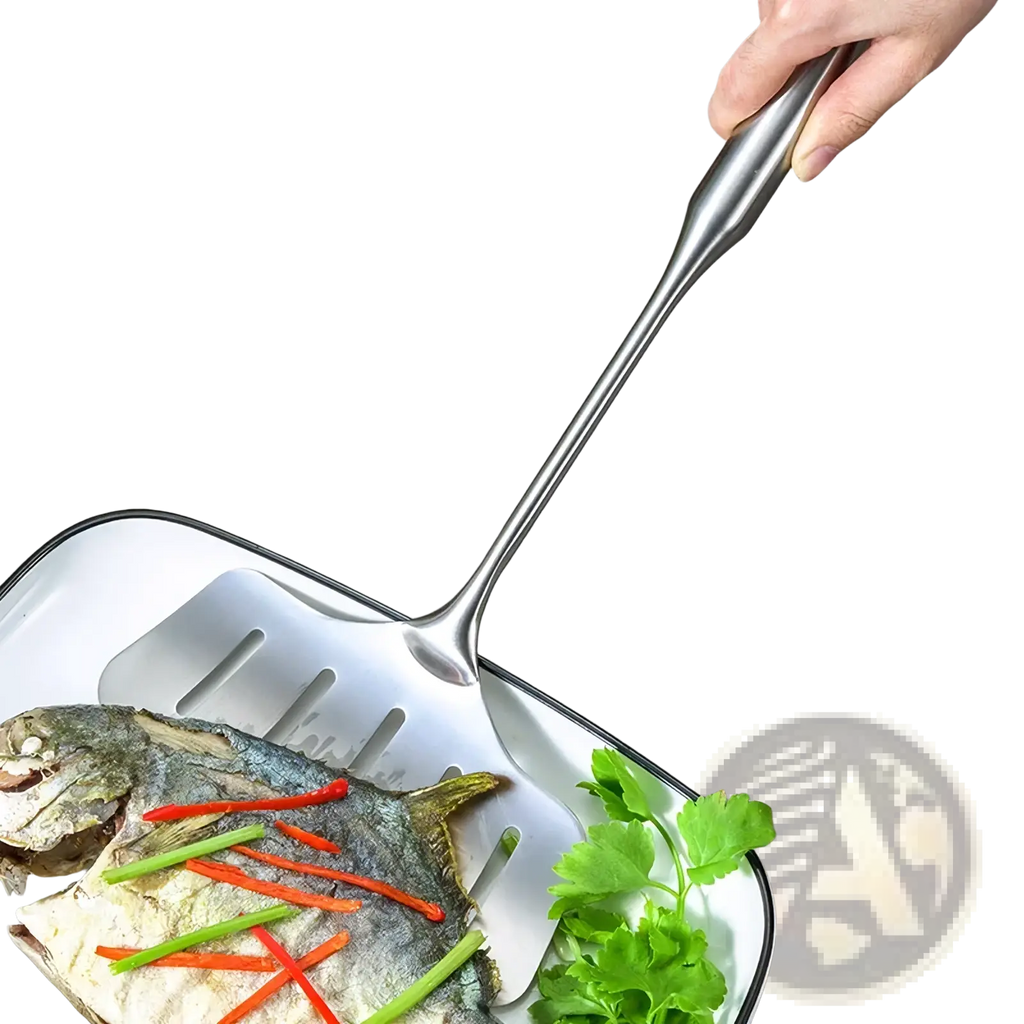 A stainless steel kitchen utensils set includes a sleek silver fish spatula lifting cooked fish from a white enamel dish