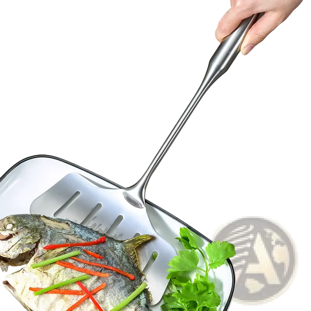 A stainless steel kitchen utensils set includes a sleek silver fish spatula lifting cooked fish from a white enamel dish