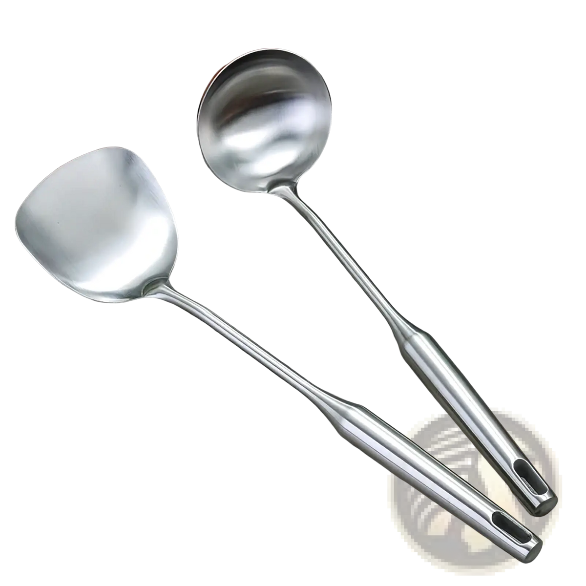 Set of two sleek stainless steel kitchen utensils with flat spatula and rounded ladle heads for cooking and serving