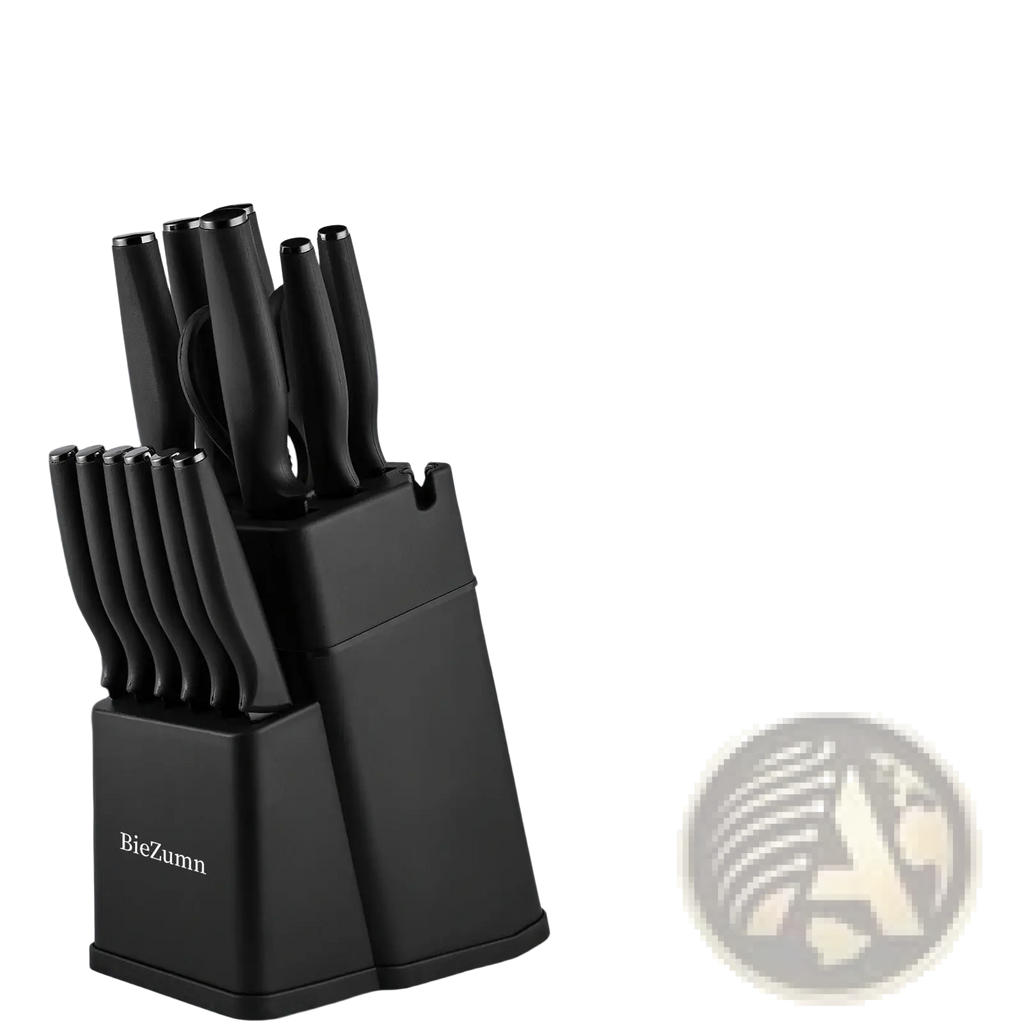 Black biezunn stainless steel 15 piece chef knife set with sleek modern handles and space-saving block design