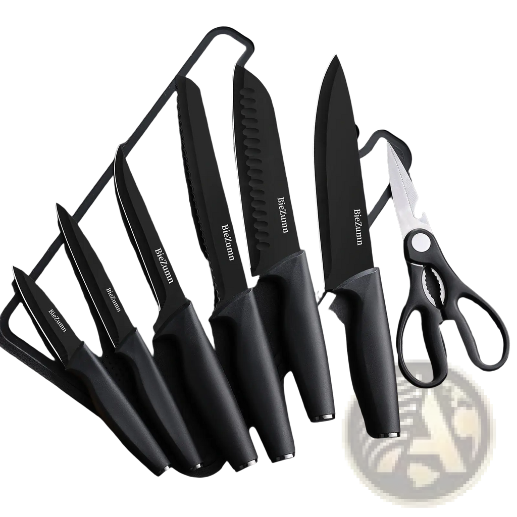Black biczimm stainless steel knife set with matte blades and ergonomic handles arranged on cutting board with scissors