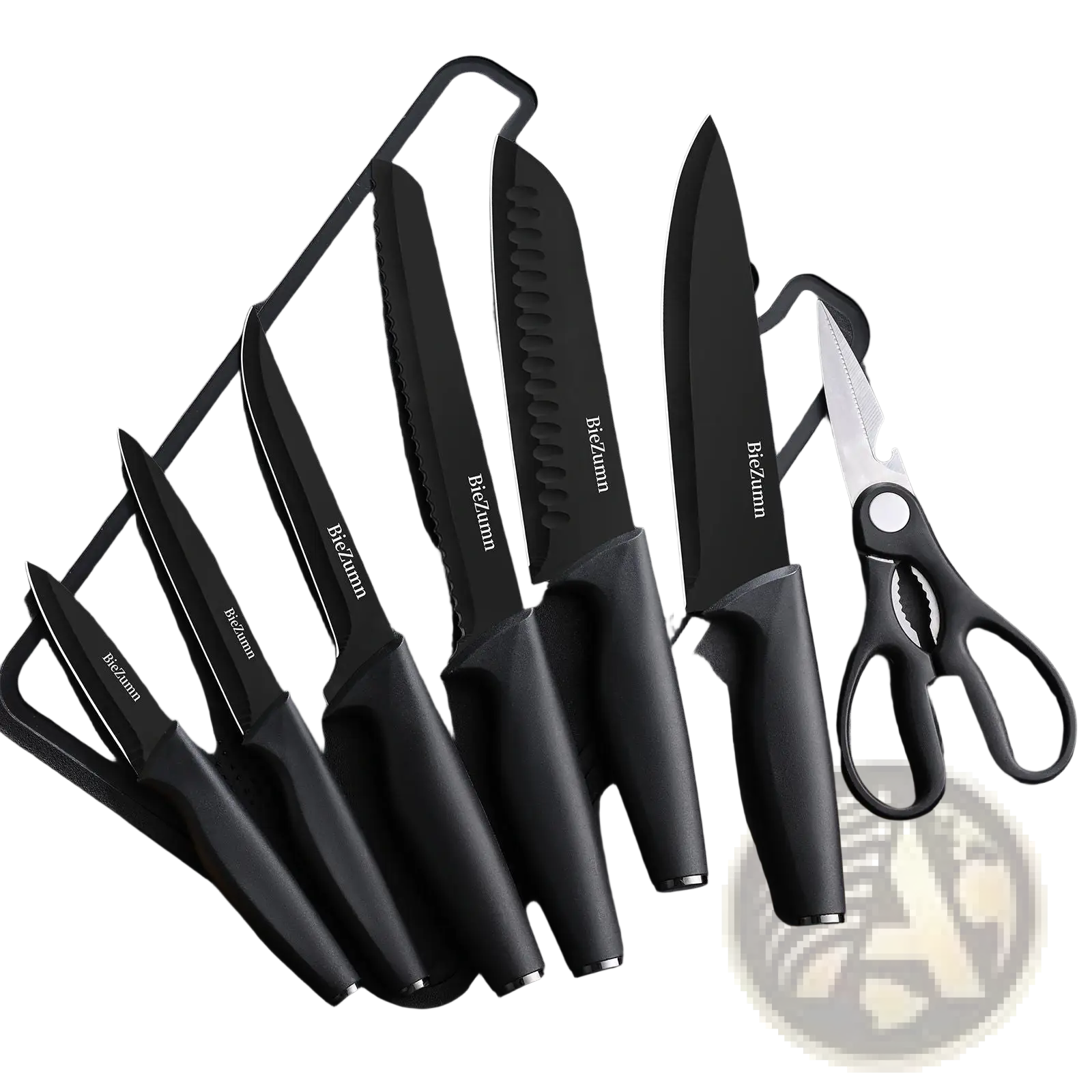 Black biczimm stainless steel knife set with matte blades and ergonomic handles arranged on cutting board with scissors