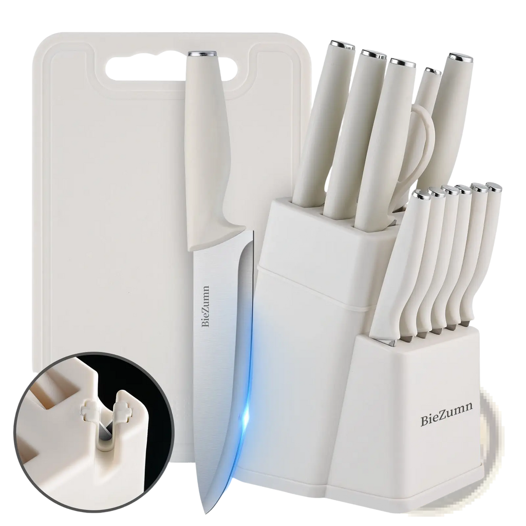 Stainless steel knife set 15 piece chef block set with white ceramic knife block cutting board and modern handles