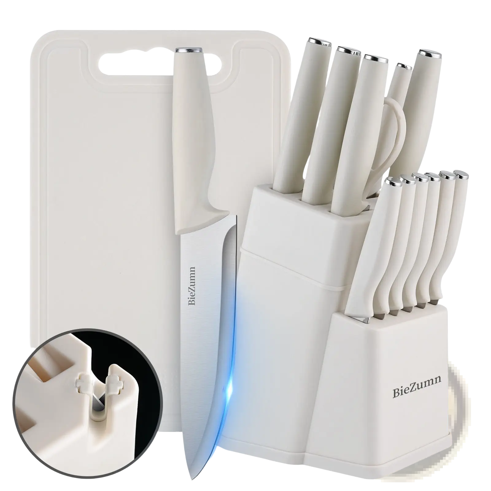 Stainless steel knife set 15 piece chef block set with white ceramic knife block cutting board and modern handles