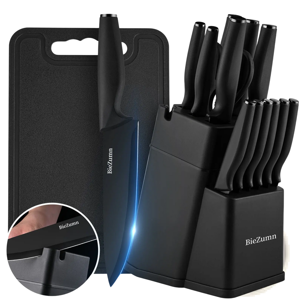 Black biezumn stainless steel 15 piece chef knife block set with matching cutting board and assorted knives