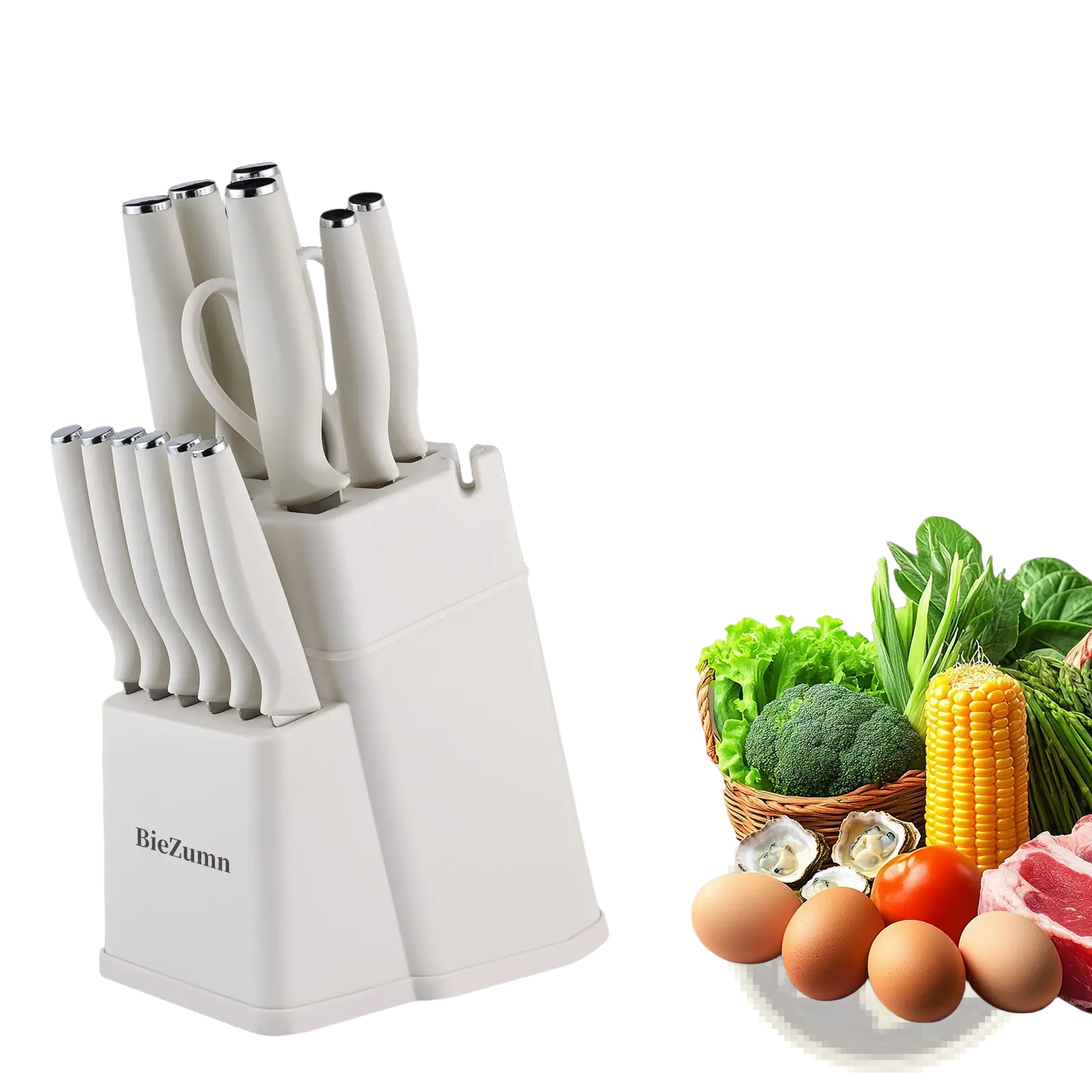 White biezumn stainless steel knife set 15 piece chef block set with sleek modern handles and sharp blades