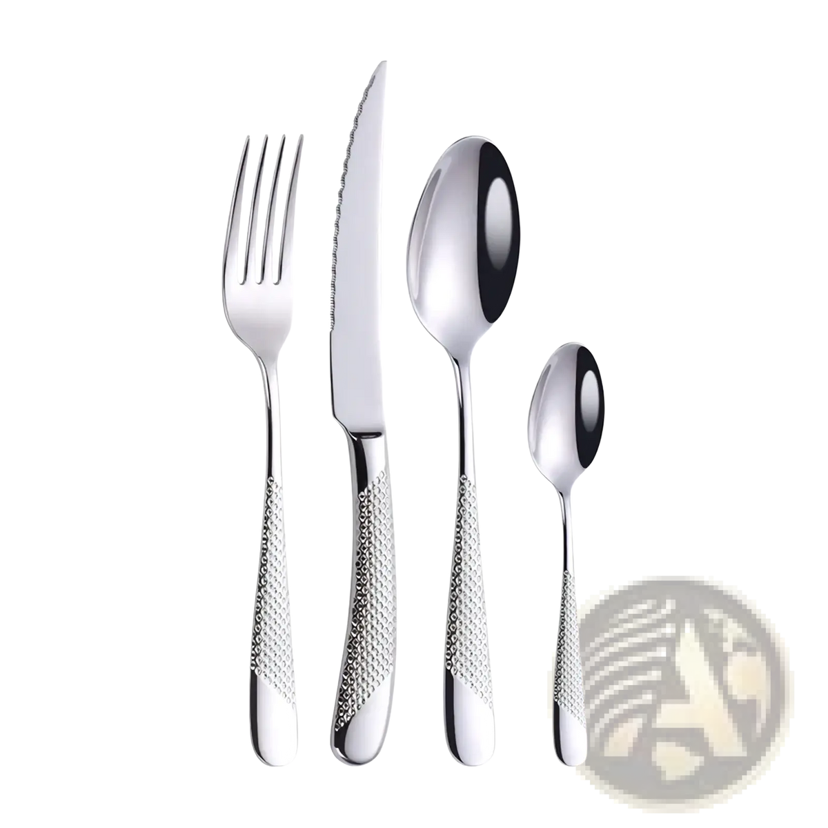 Shiny stainless steel luxury cutlery set with textured diamond-patterned silver handles for elegant dining