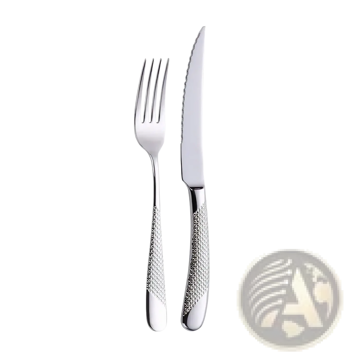 Stainless steel luxury cutlery set silver dinnerware with shiny fork and knife featuring textured diamond handles